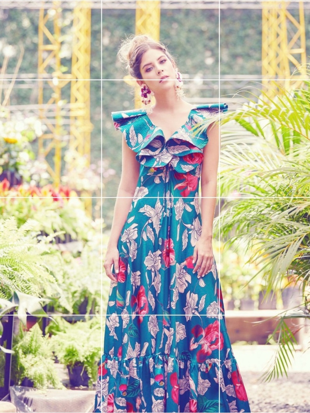 Elegant Floral Midi Dress in Teal and Pink